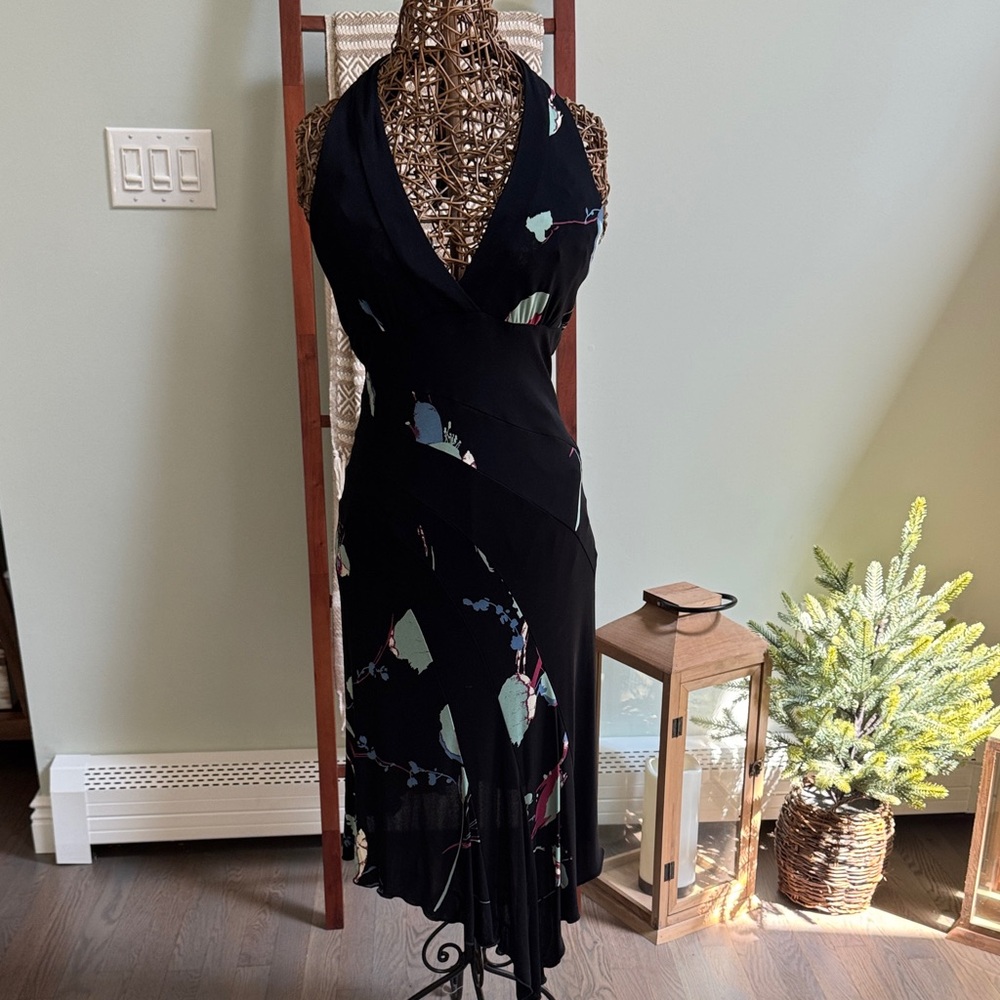 bebe Black Asymmetrical Floral Slip Dress